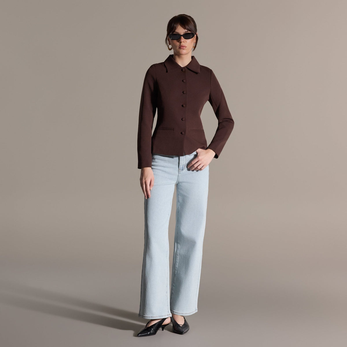 Dark Brown Twill Fitted Jacket - shopaleena