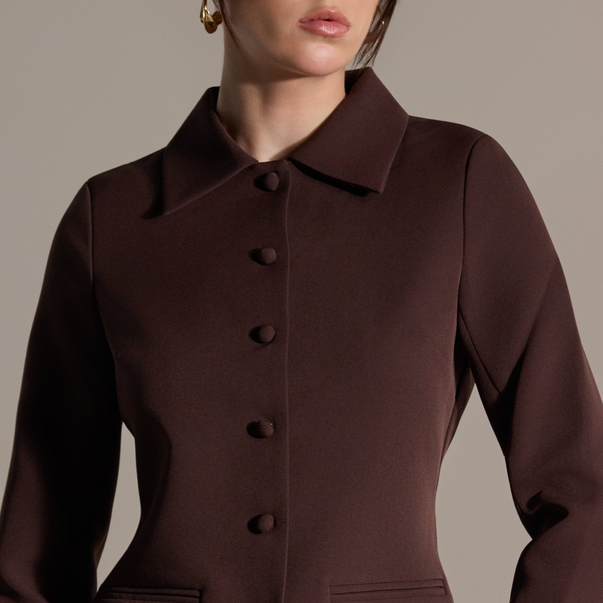 Dark Brown Twill Fitted Jacket - shopaleena