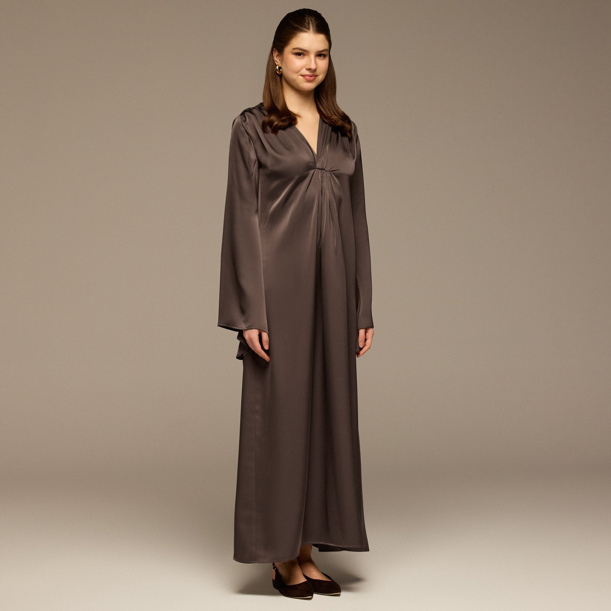 Dark Brown V - Neck Flared Sleeve Satin Kaftan - shopaleena