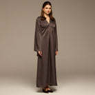 Dark Brown V - Neck Flared Sleeve Satin Kaftan - shopaleena