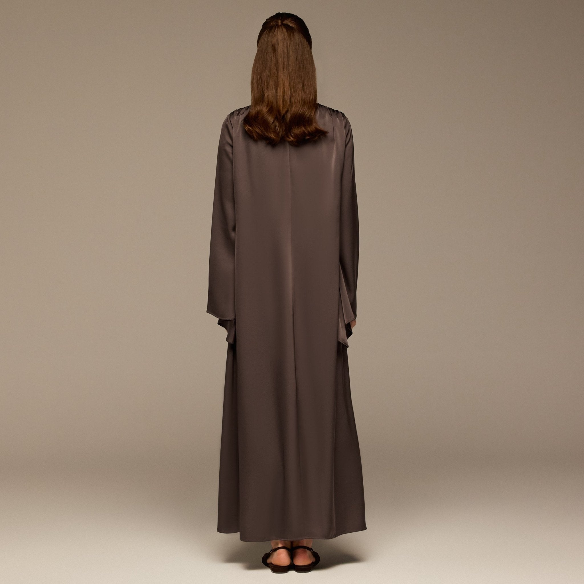 Dark Brown V - Neck Flared Sleeve Satin Kaftan - shopaleena