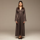 Dark Brown V - Neck Flared Sleeve Satin Kaftan - shopaleena