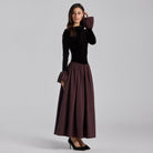 Dark Brown Velvet and Taffeta Maxi Dress with Ruffled Hem - shopaleena
