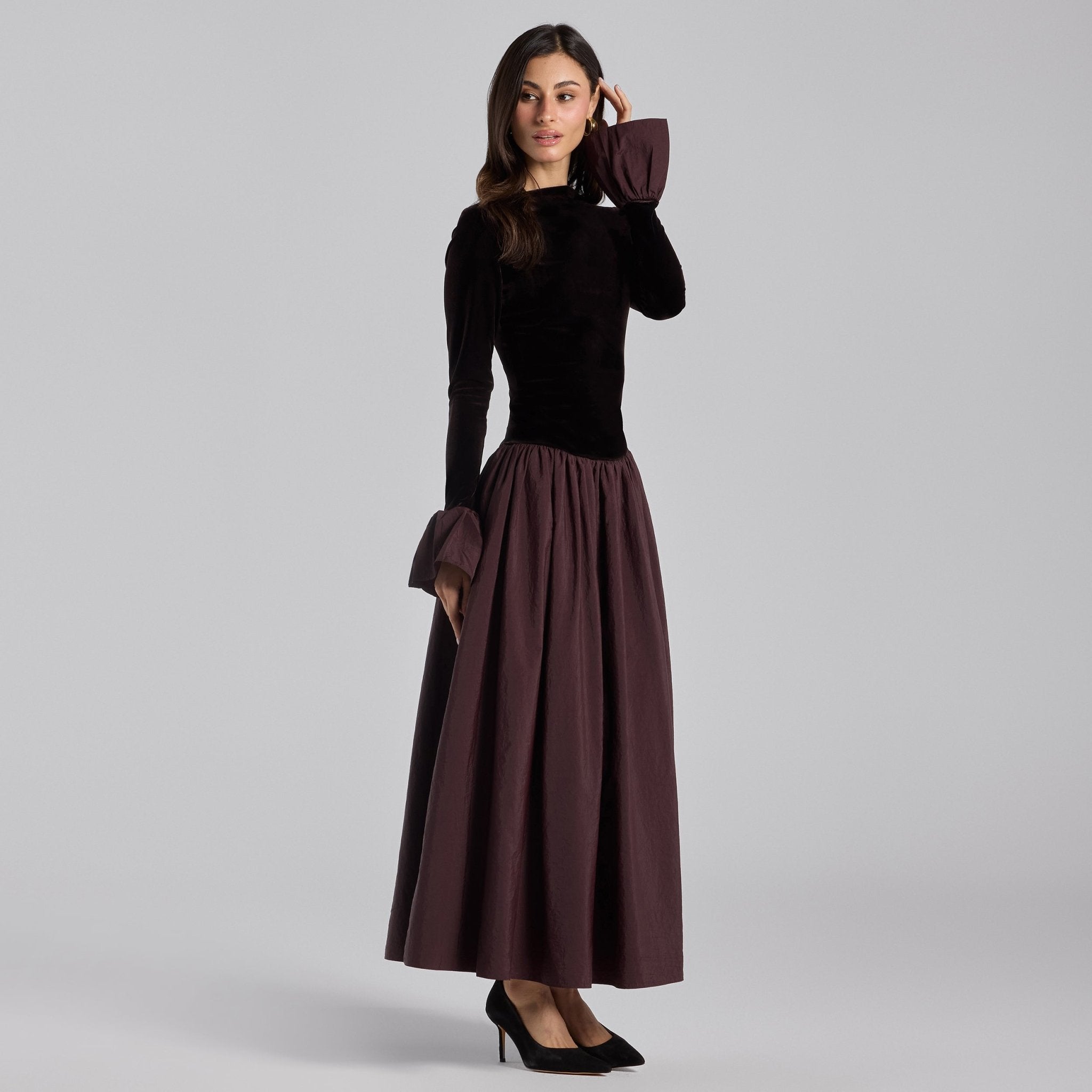 Dark Brown Velvet and Taffeta Maxi Dress with Ruffled Hem - shopaleena