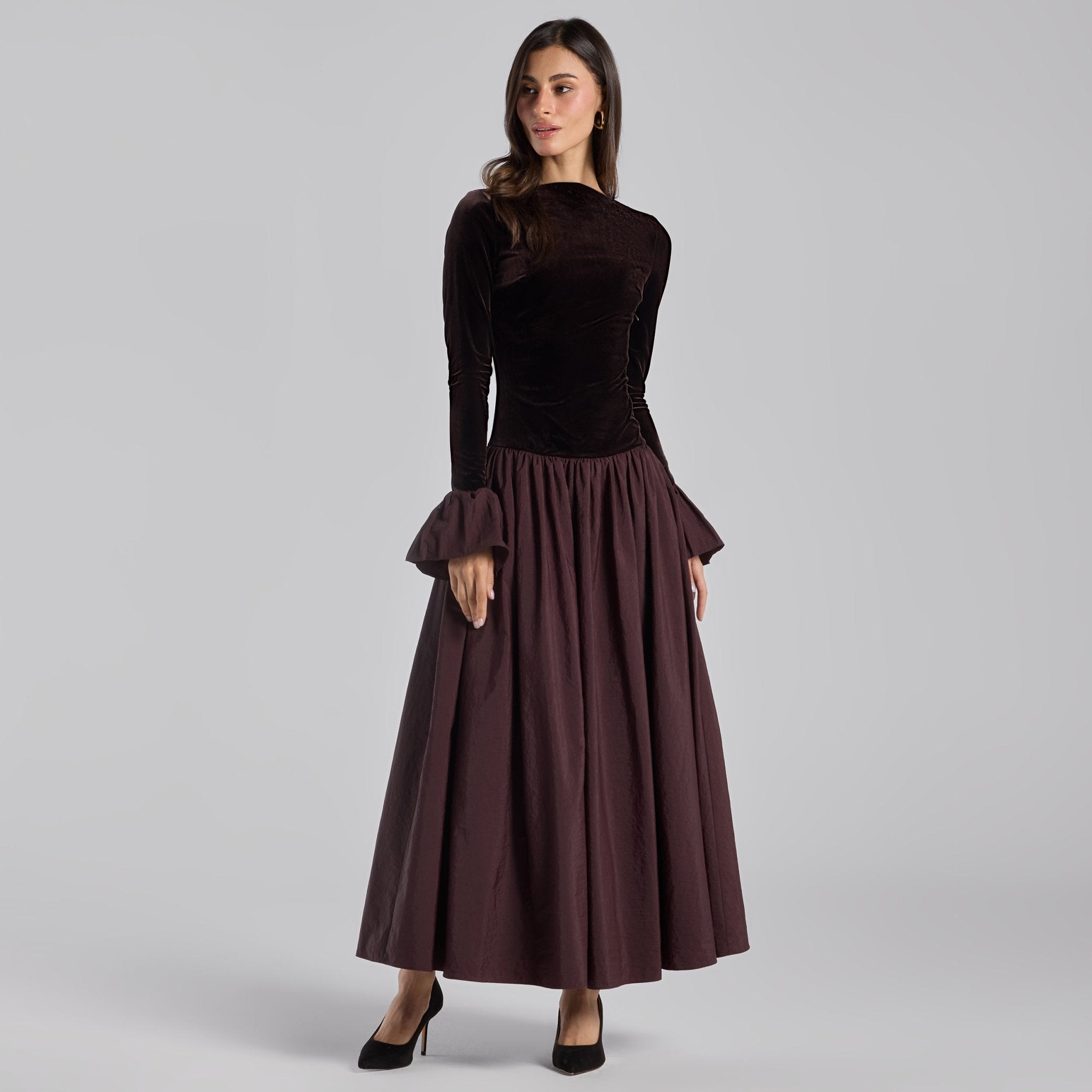 Dark Brown Velvet and Taffeta Maxi Dress with Ruffled Hem - shopaleena