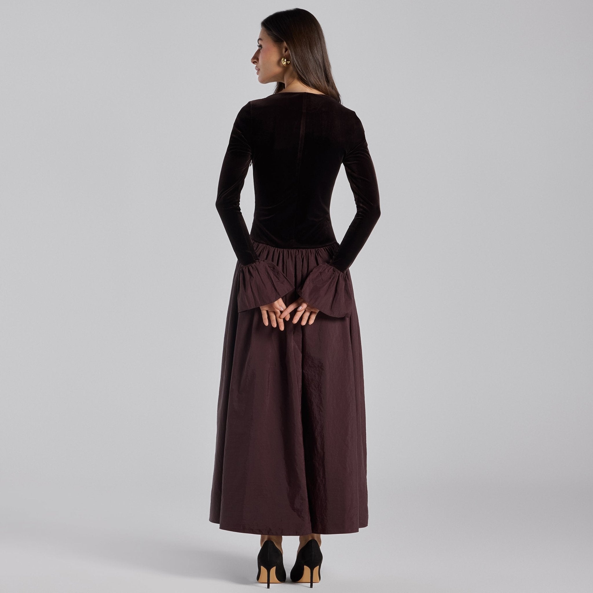 Dark Brown Velvet and Taffeta Maxi Dress with Ruffled Hem - shopaleena
