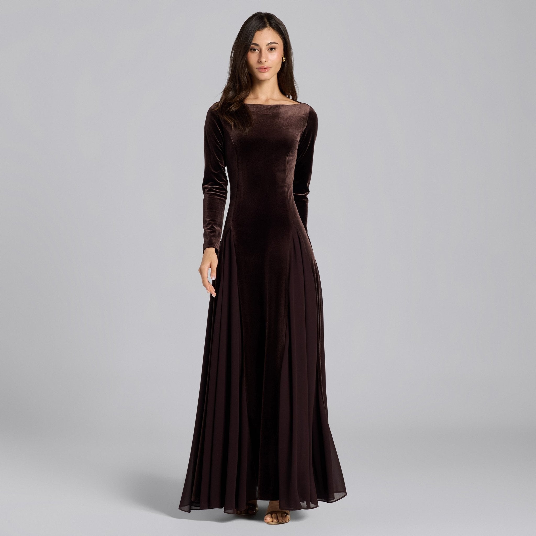 Dark Brown Velvet Ruffled Panel Maxi Dress - shopaleena