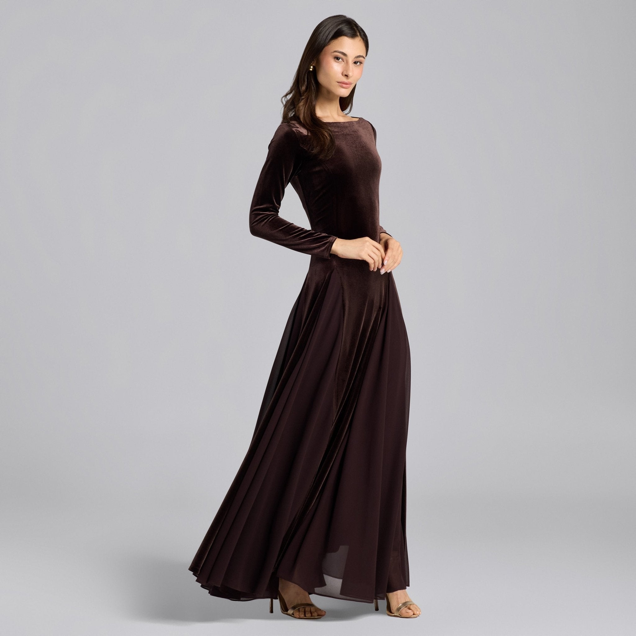 Dark Brown Velvet Ruffled Panel Maxi Dress - shopaleena