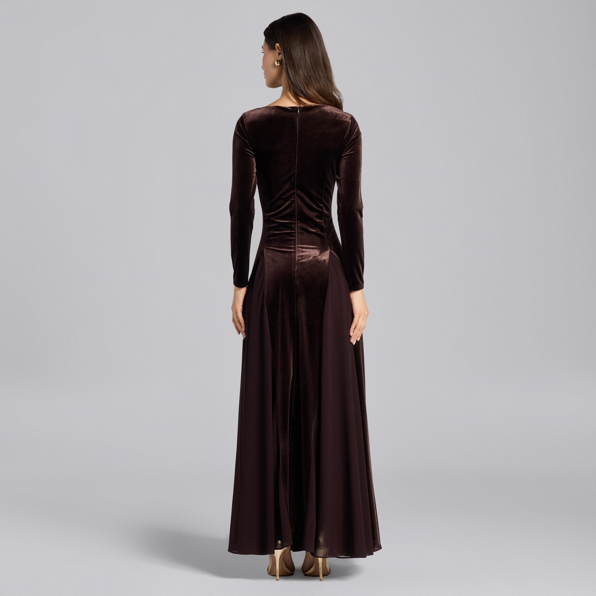 Dark Brown Velvet Ruffled Panel Maxi Dress - shopaleena