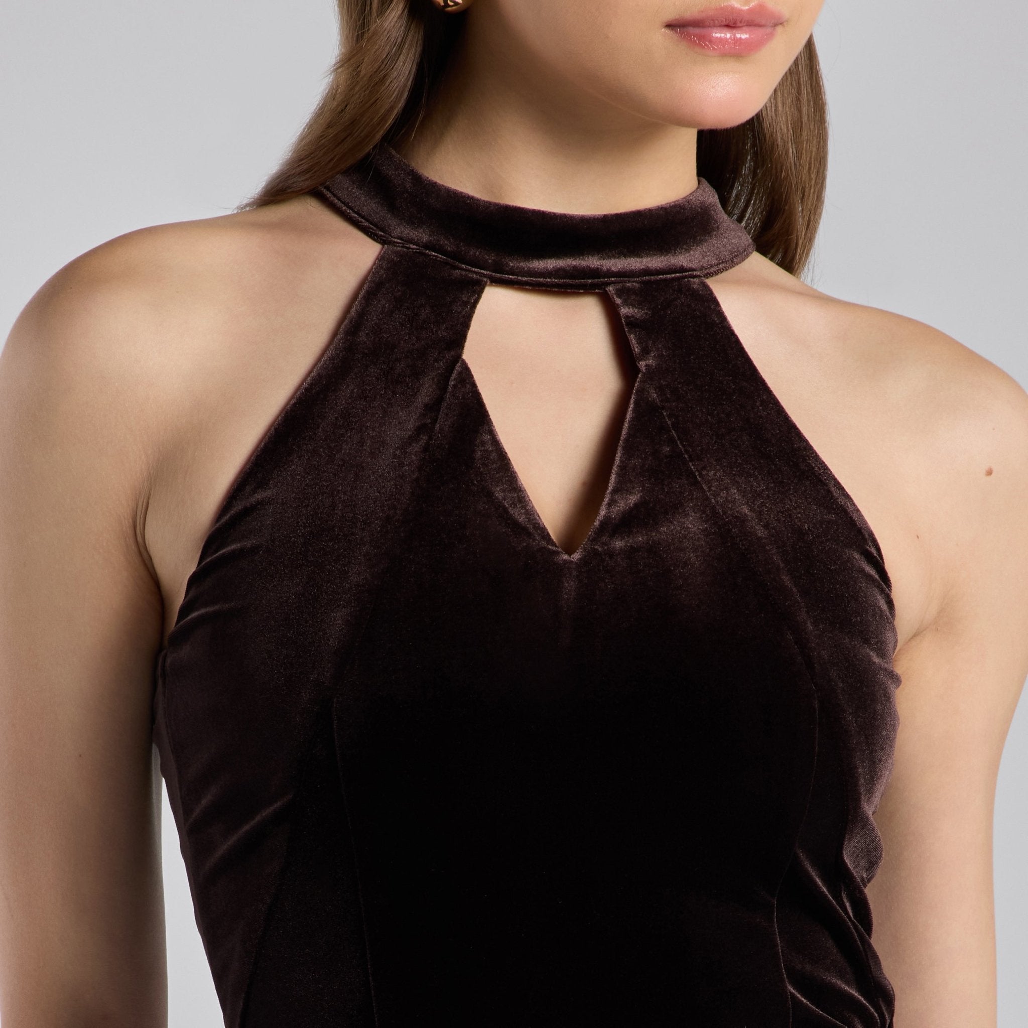 Dark Brown Velvet - Taffeta Halter Dress - shopaleena
