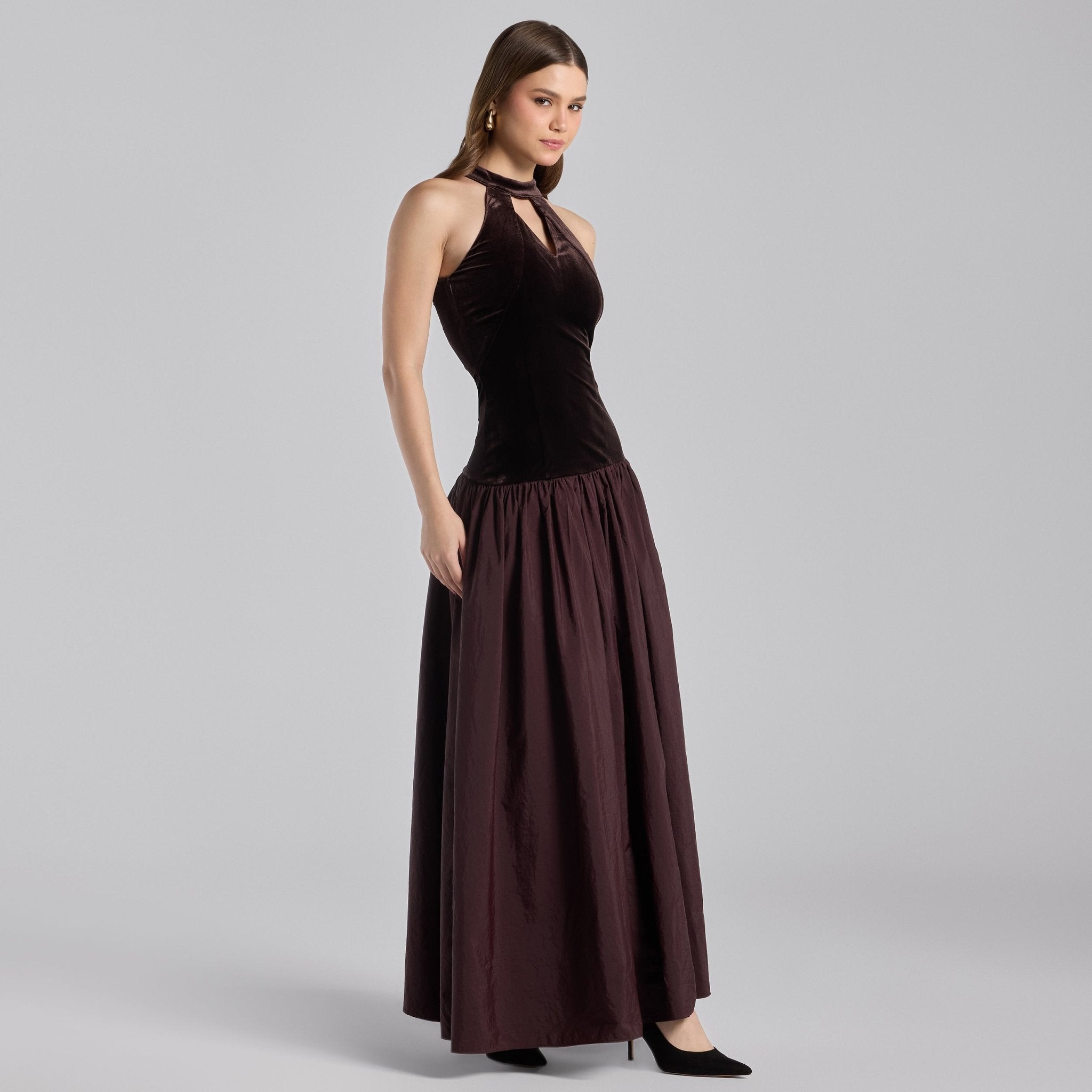 Dark Brown Velvet - Taffeta Halter Dress - shopaleena