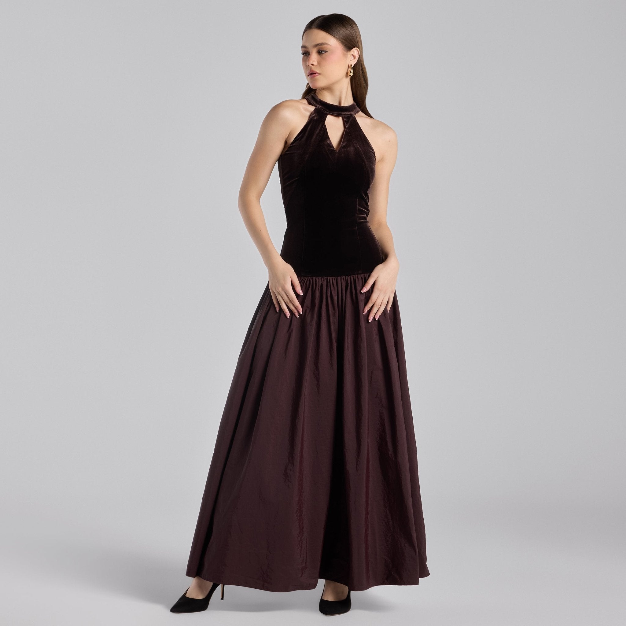 Dark Brown Velvet-Taffeta Halter Dress – shopaleena