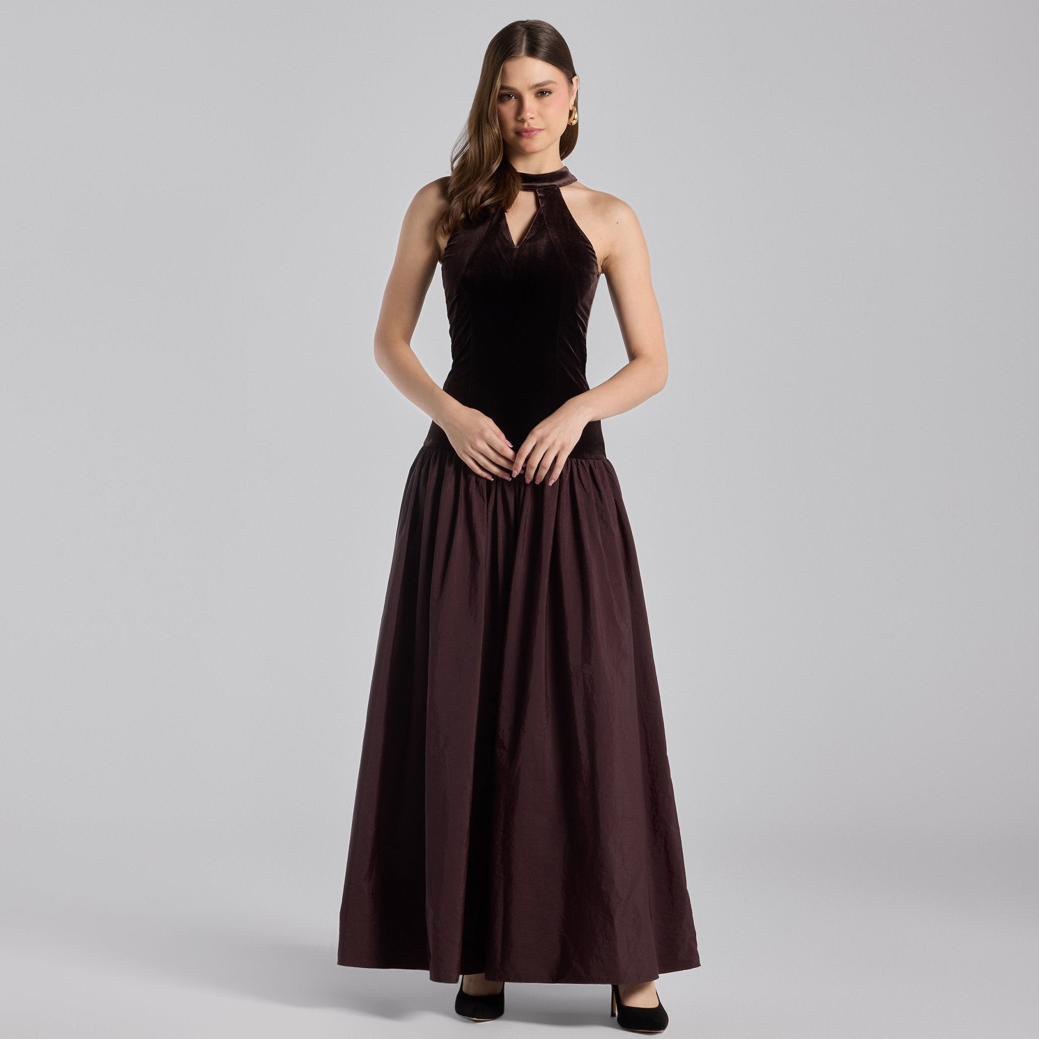Dark Brown Velvet - Taffeta Halter Dress - shopaleena