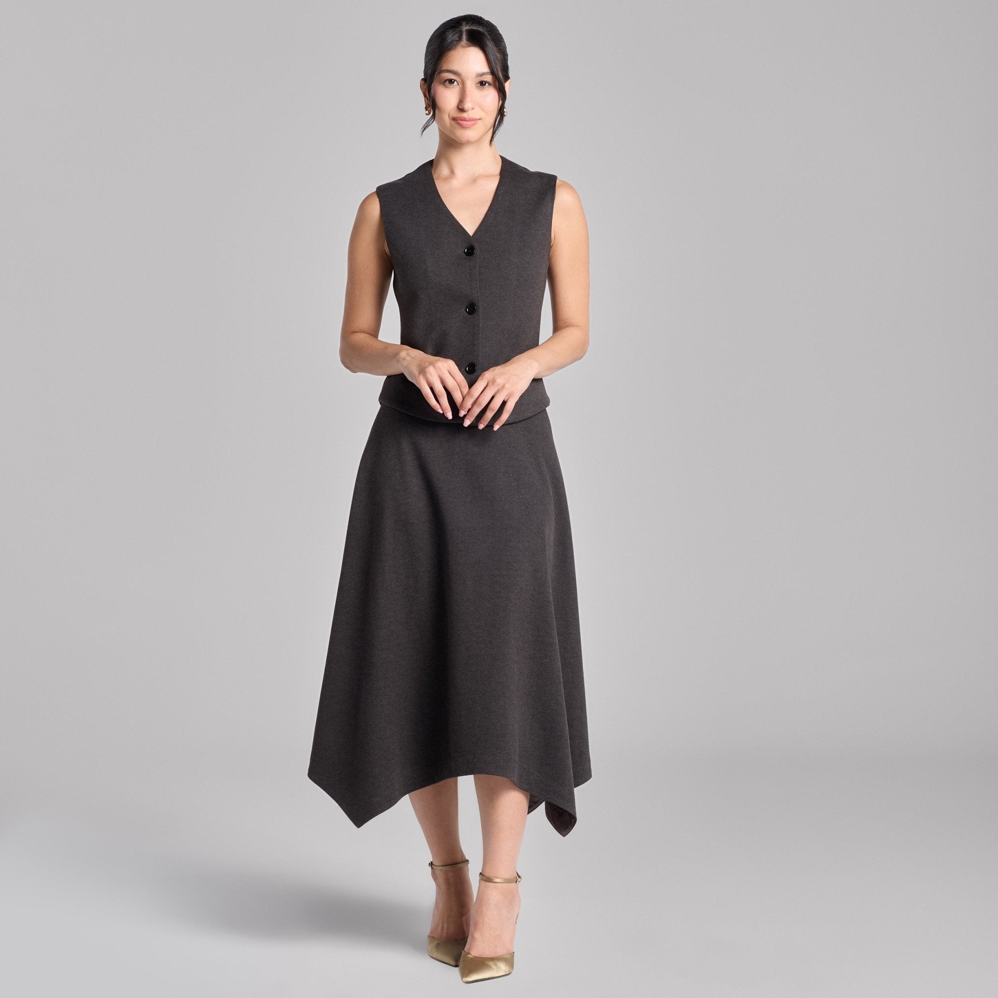Dark Gray Button - Front Twill Top & Midi Skirt Set - shopaleena