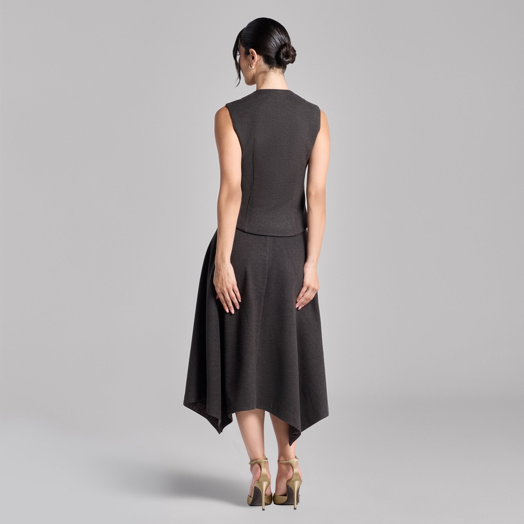 Dark Gray Button - Front Twill Top & Midi Skirt Set - shopaleena