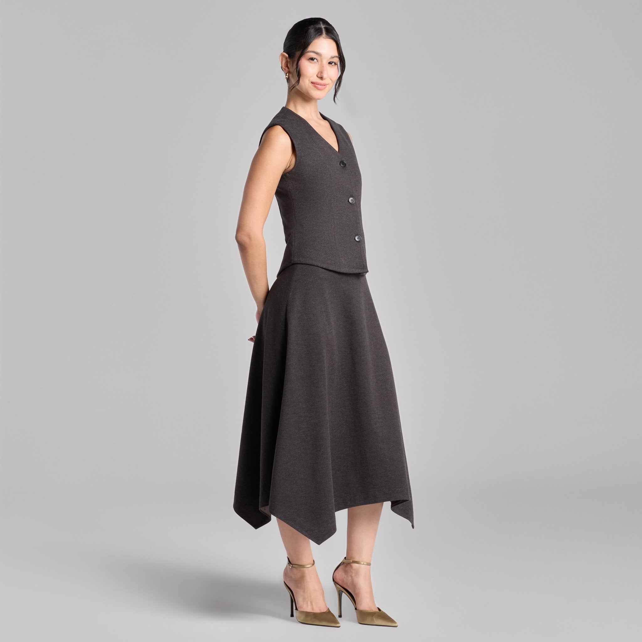 Dark Gray Button - Front Twill Top & Midi Skirt Set - shopaleena