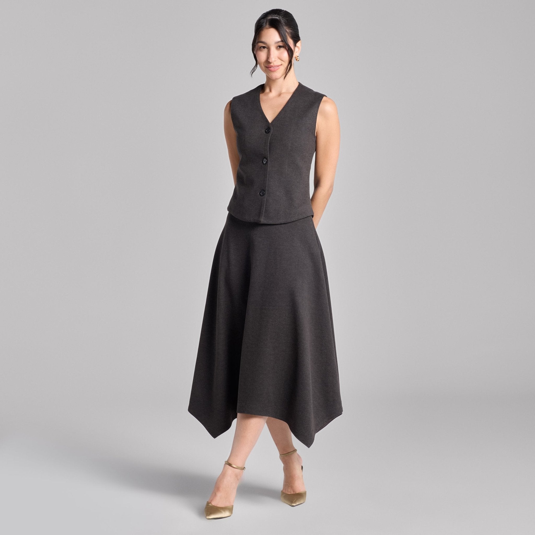 Dark Gray Button - Front Twill Top & Midi Skirt Set - shopaleena