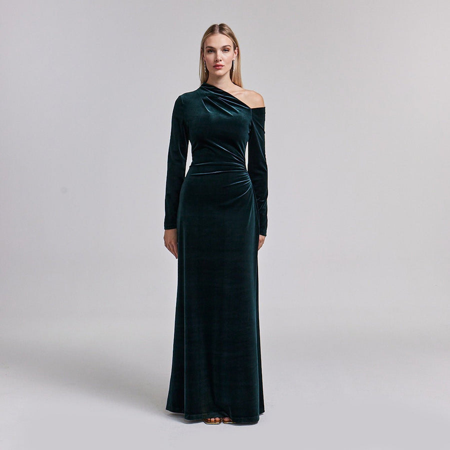 Dark Green Velvet Bare Shoulder Maxi Dress - shopaleena