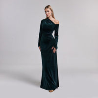 Dark Green Velvet Bare Shoulder Maxi Dress - shopaleena