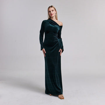 Dark Green Velvet Bare Shoulder Maxi Dress - shopaleena