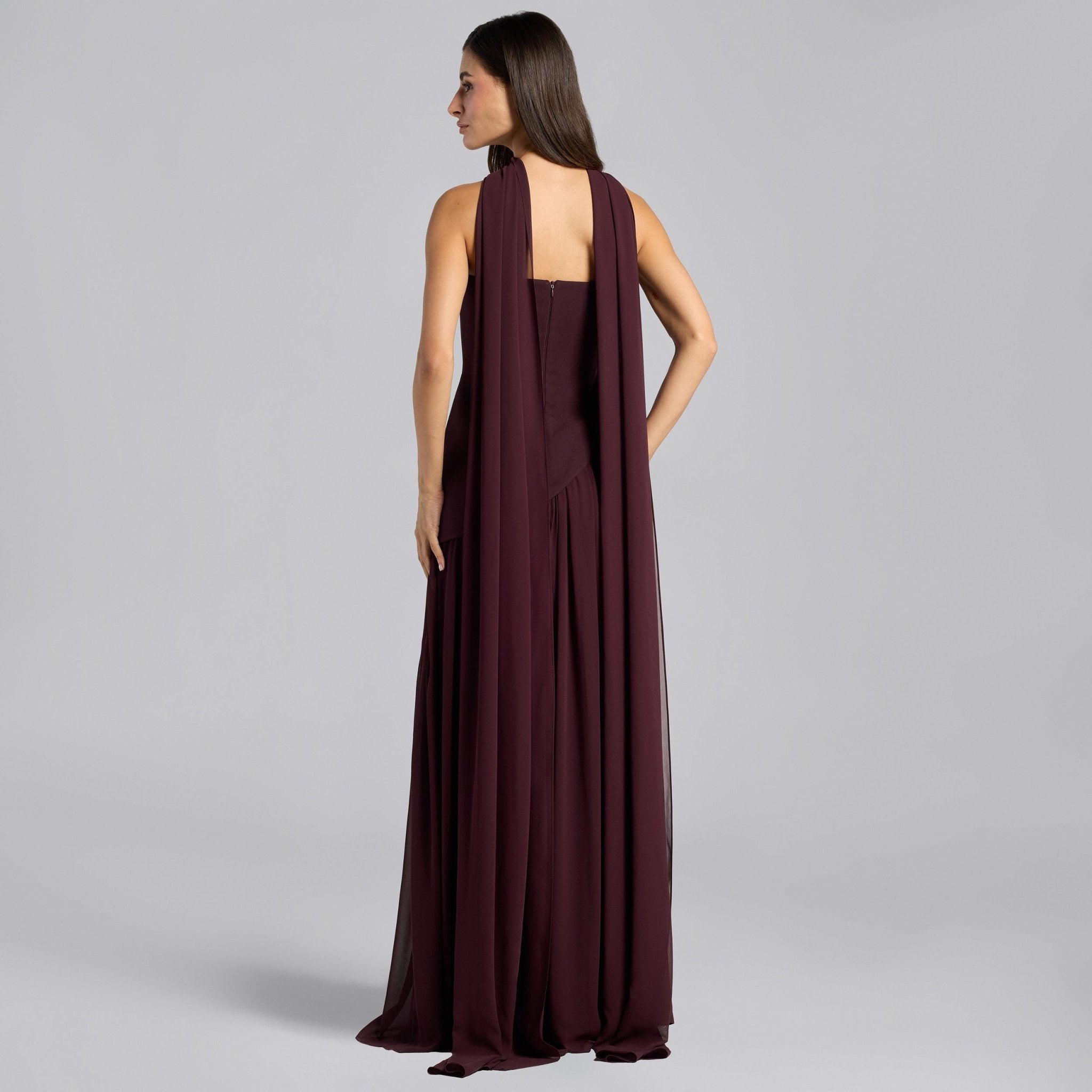 Dark Plum Crepe - Chiffon Strapless Gown - shopaleena