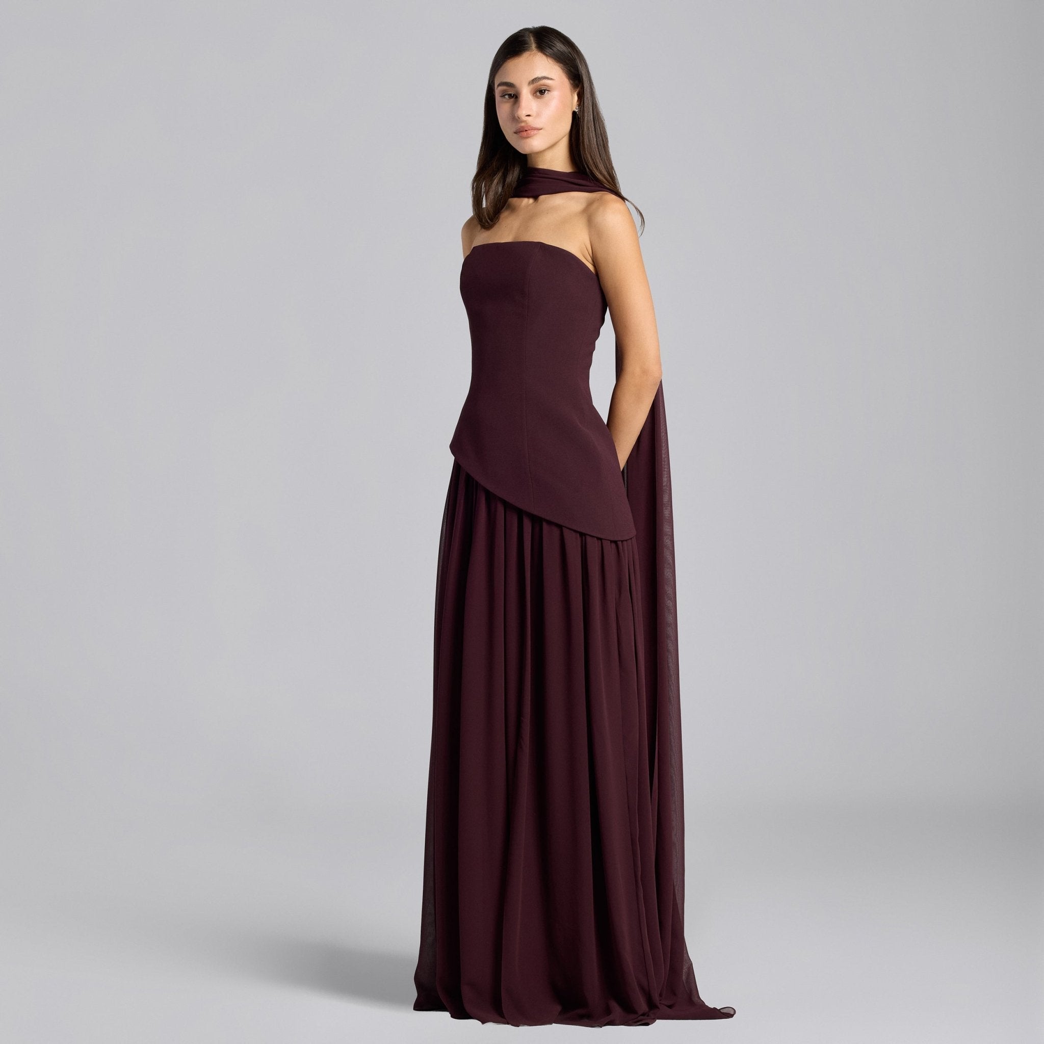 Dark Plum Crepe - Chiffon Strapless Gown - shopaleena