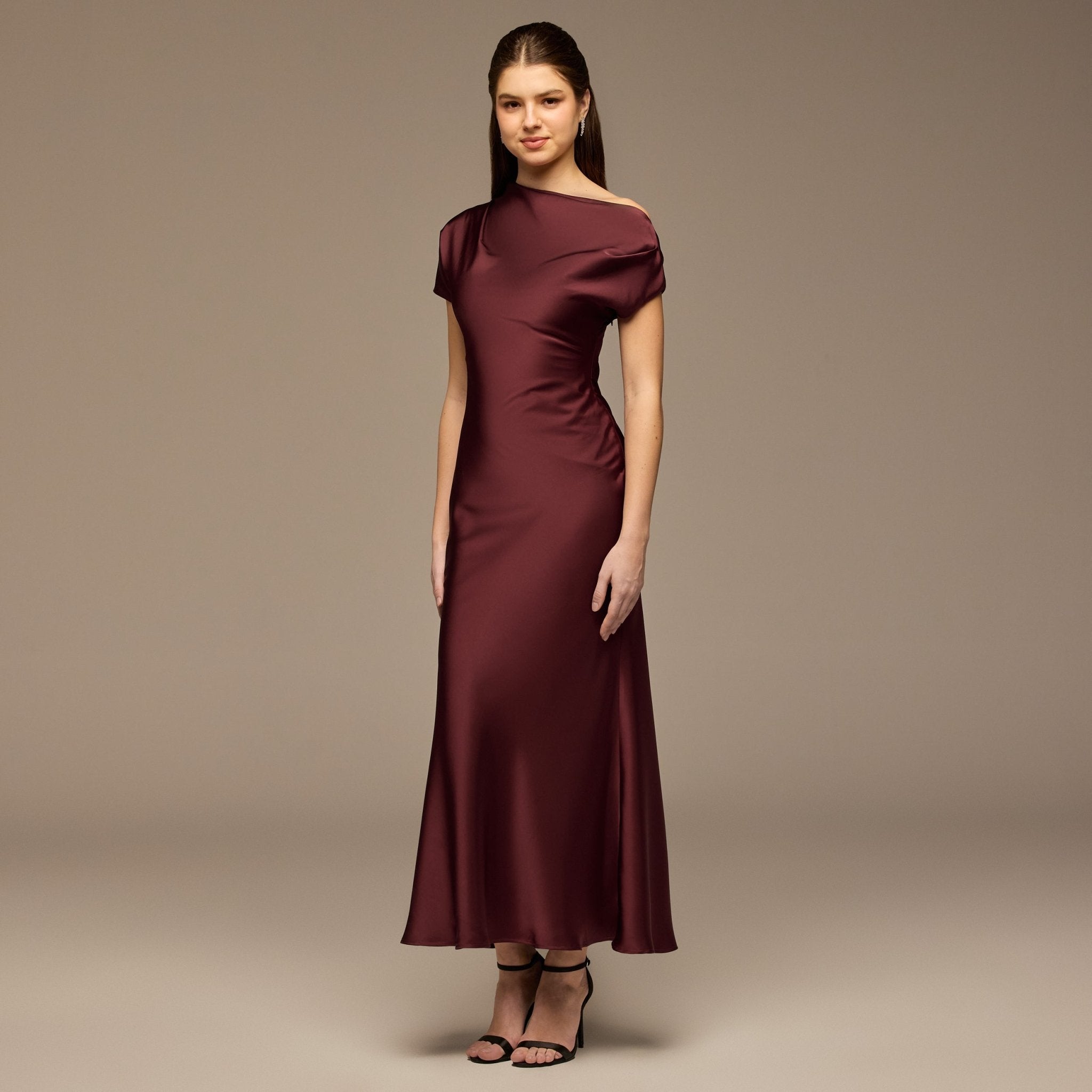 Dark Plum Draped Neckline Satin Maxi Dress - shopaleena