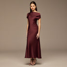 Dark Plum Draped Neckline Satin Maxi Dress - shopaleena