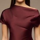 Dark Plum Draped Neckline Satin Maxi Dress - shopaleena