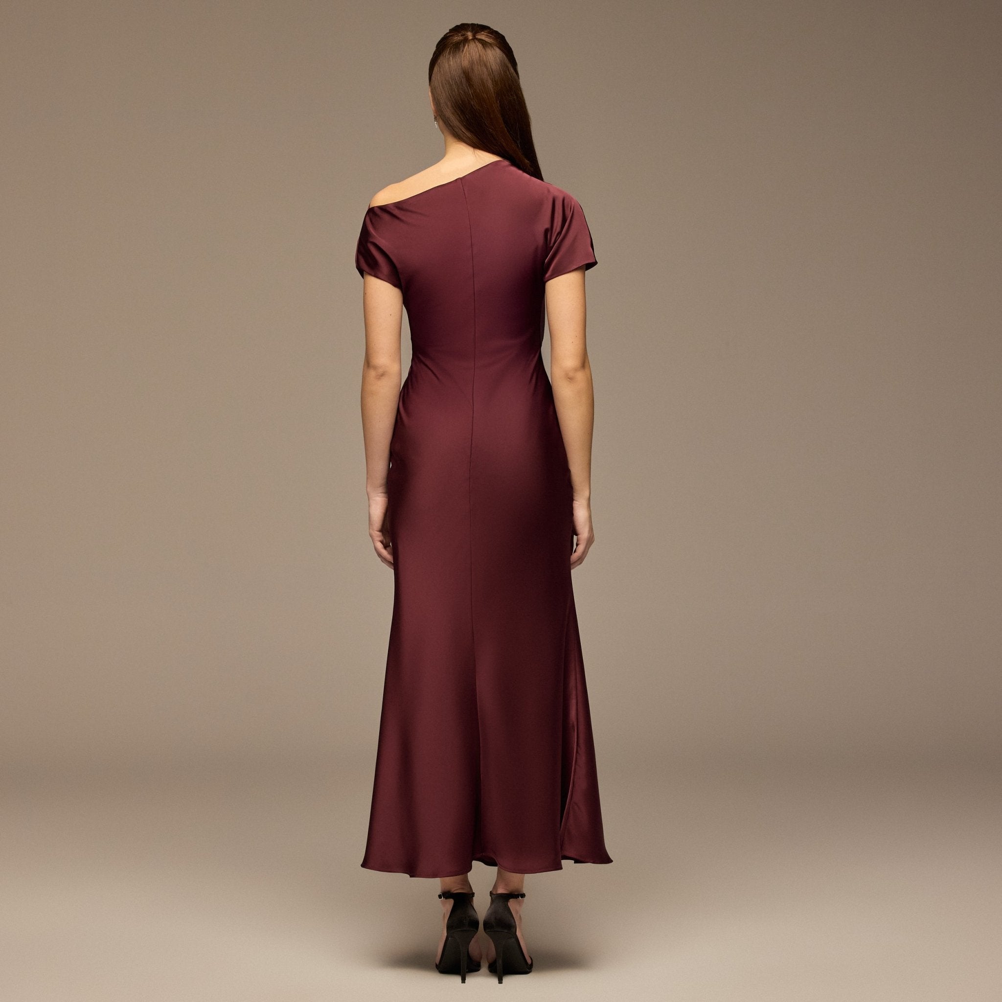 Dark Plum Draped Neckline Satin Maxi Dress - shopaleena