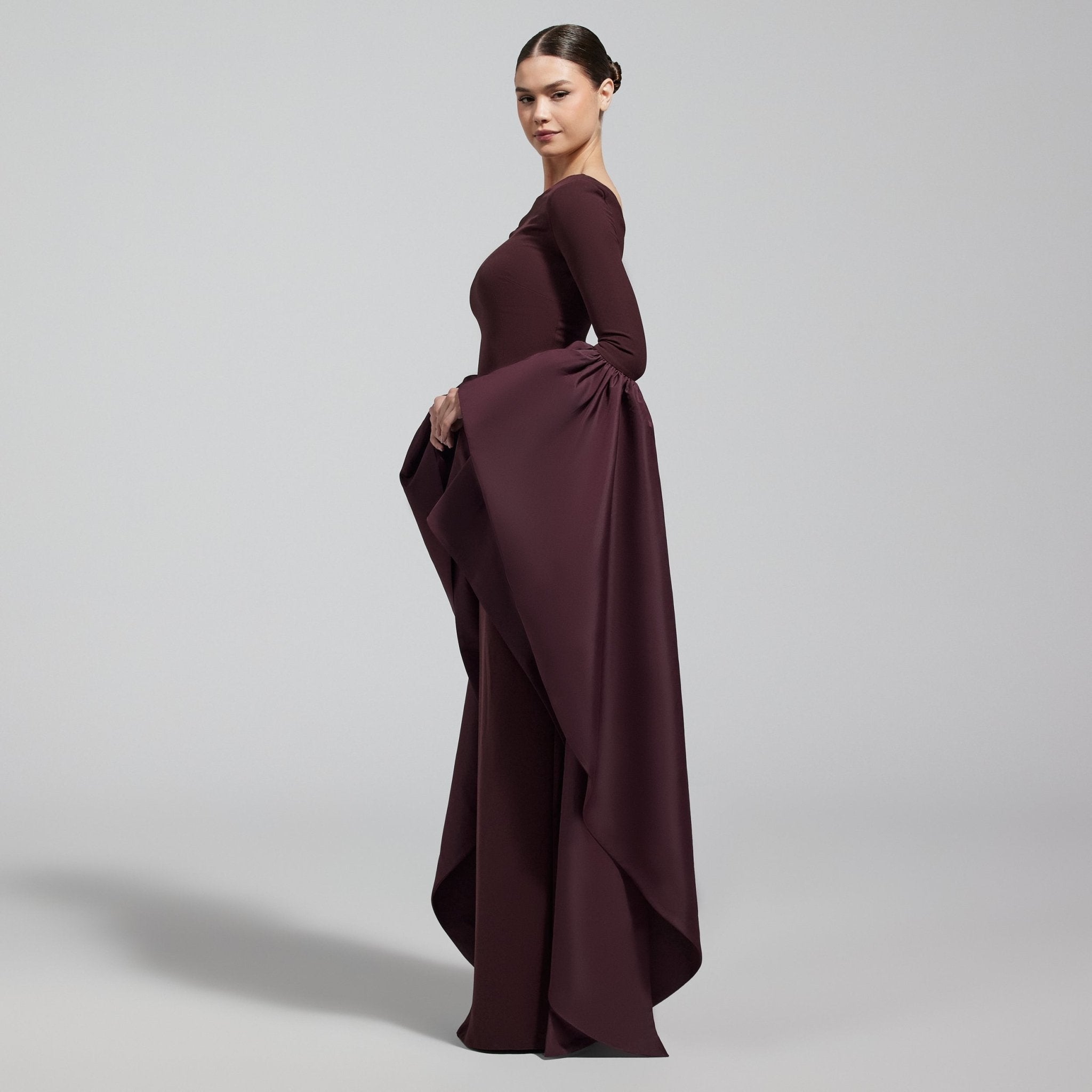 Dark Plum Fitted Gown With Extra Long Sleeves - shopaleena