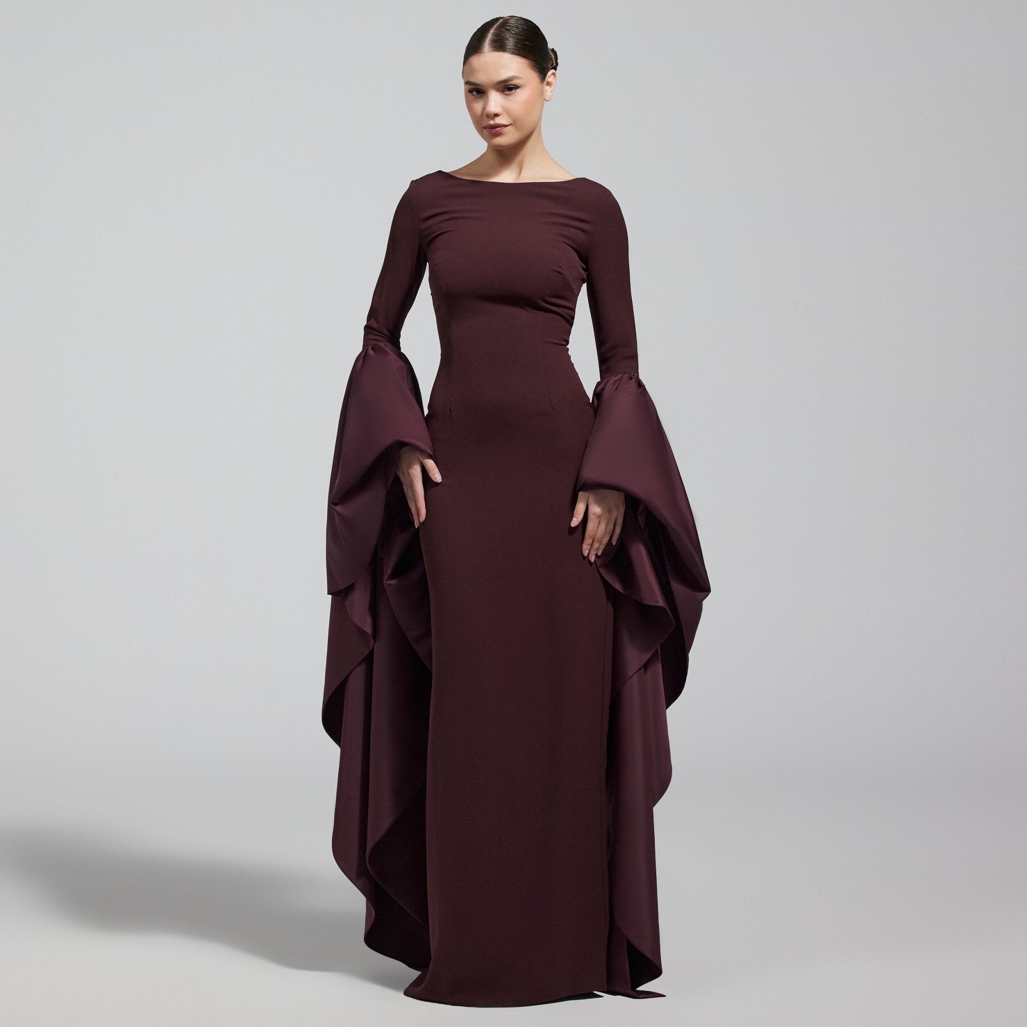 Dark Plum Fitted Gown With Extra Long Sleeves - shopaleena