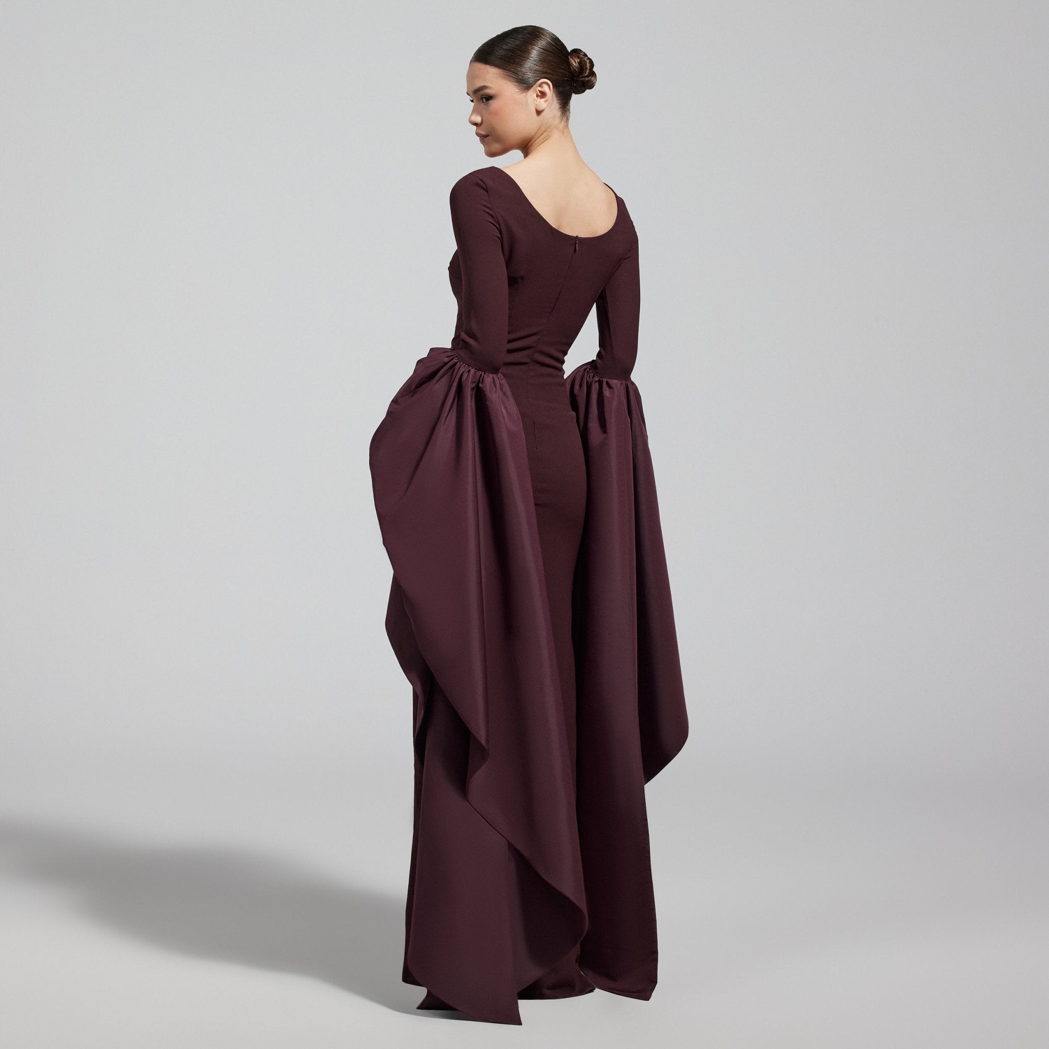 Dark Plum Fitted Gown With Extra Long Sleeves - shopaleena