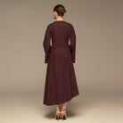 Dark Plum Linen Button-Front Flared Dress - shopaleena