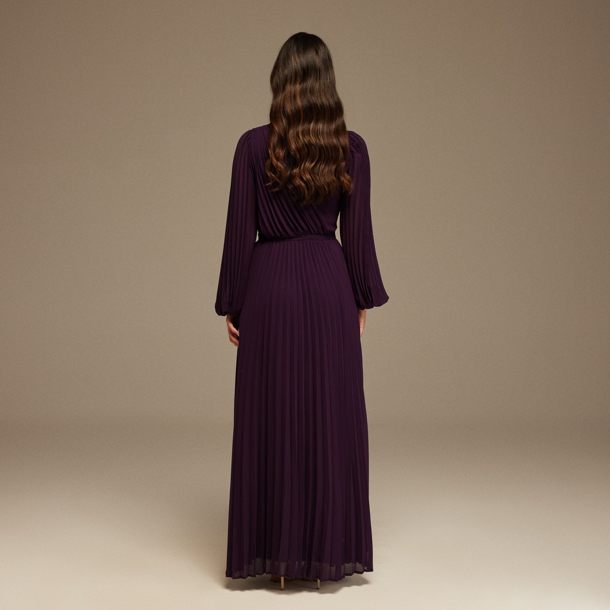 Dark Purple Pleated Long Sleeve Maxi Dress - shopaleena