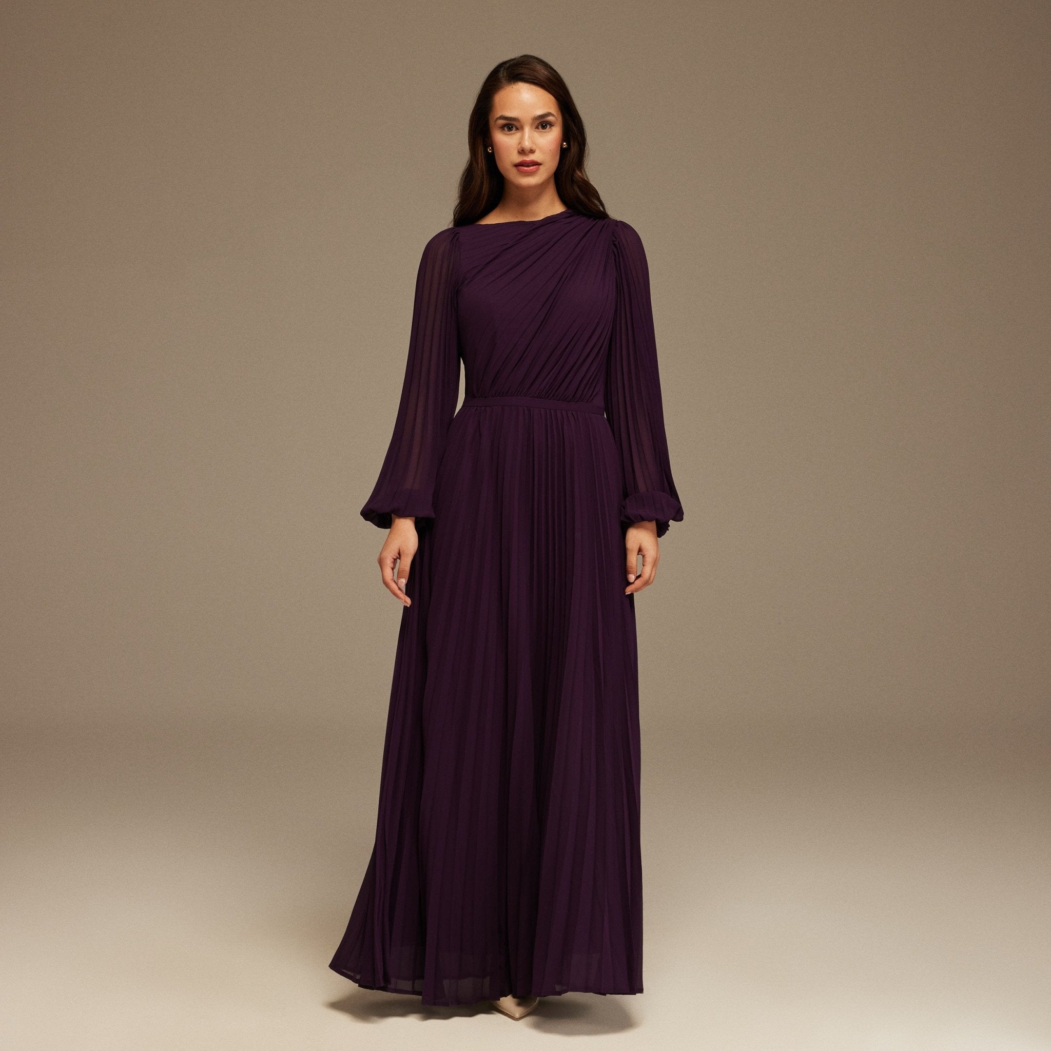 Dark Purple Pleated Long Sleeve Maxi Dress - shopaleena