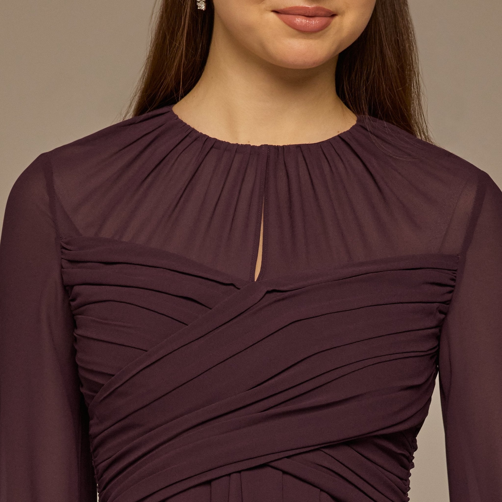 Dark Purple Round Gathered - Neck Chiffon Maxi Dress - shopaleena