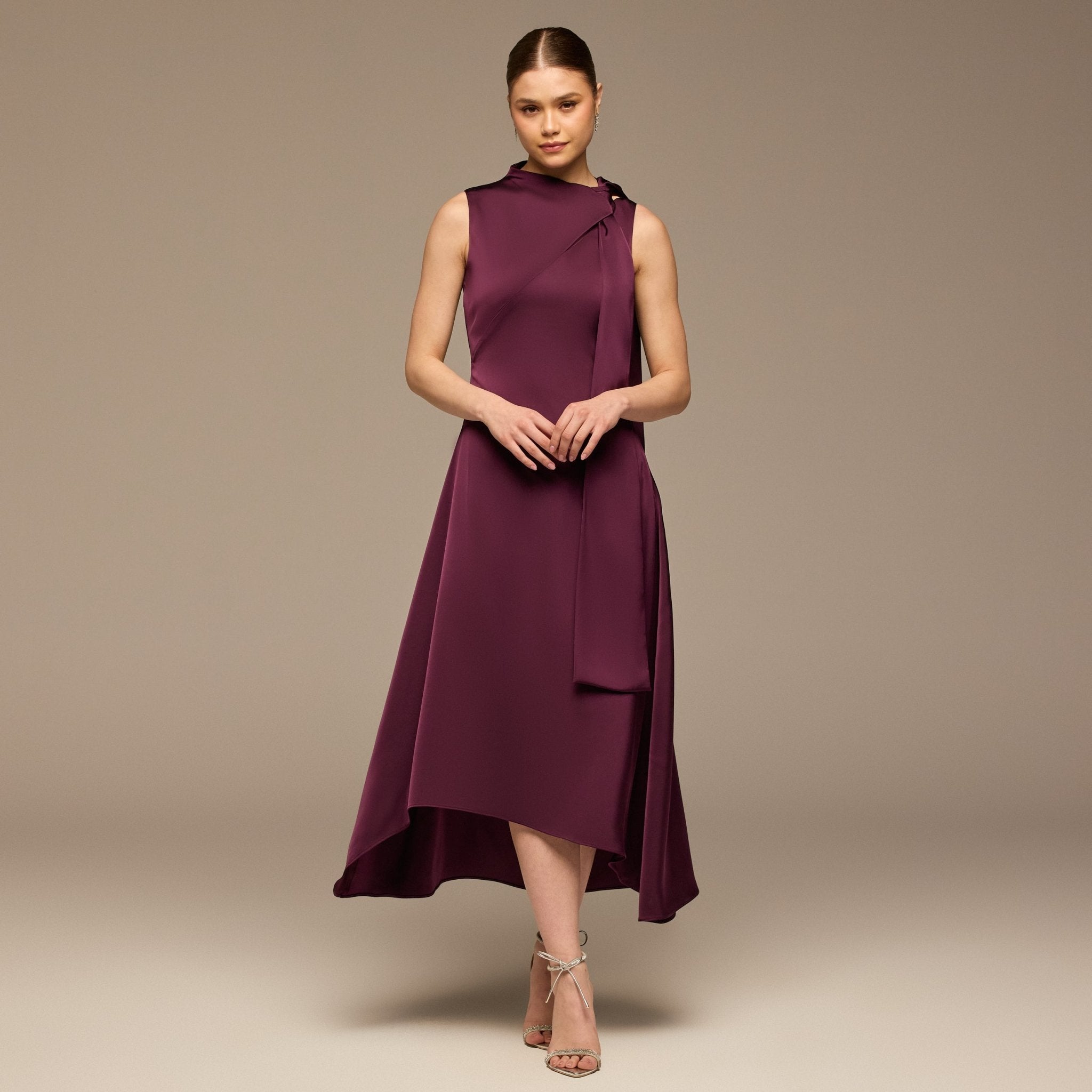 Dark Purple Side - Tie Satin Midi Dress - shopaleena