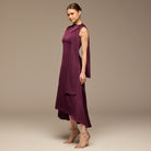 Dark Purple Side - Tie Satin Midi Dress - shopaleena