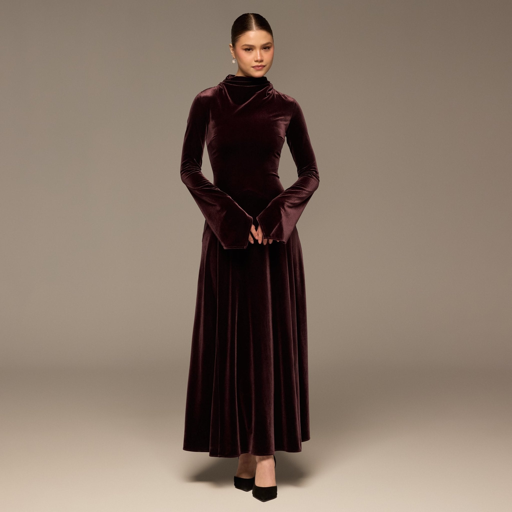 Dark Purple Velvet Cowl Neck Maxi Dress - shopaleena