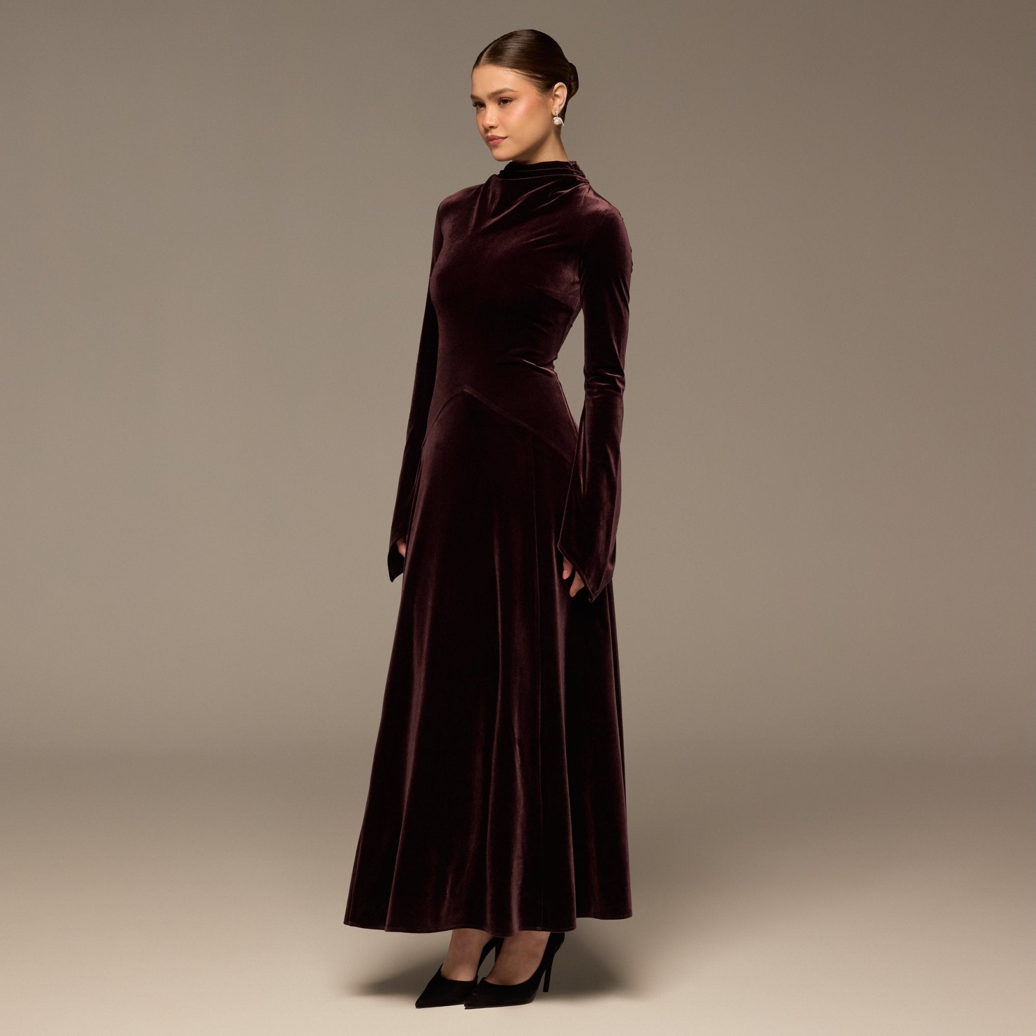 Dark Purple Velvet Cowl Neck Maxi Dress - shopaleena