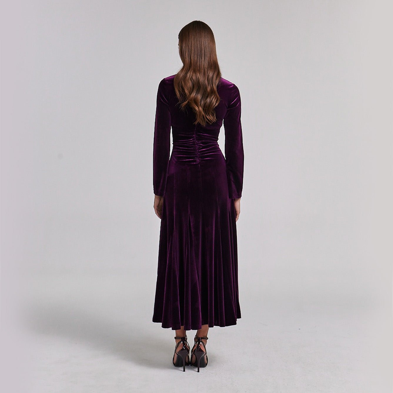 Dark Purple Velvet Gathered Waist Maxi Dress - shopaleena