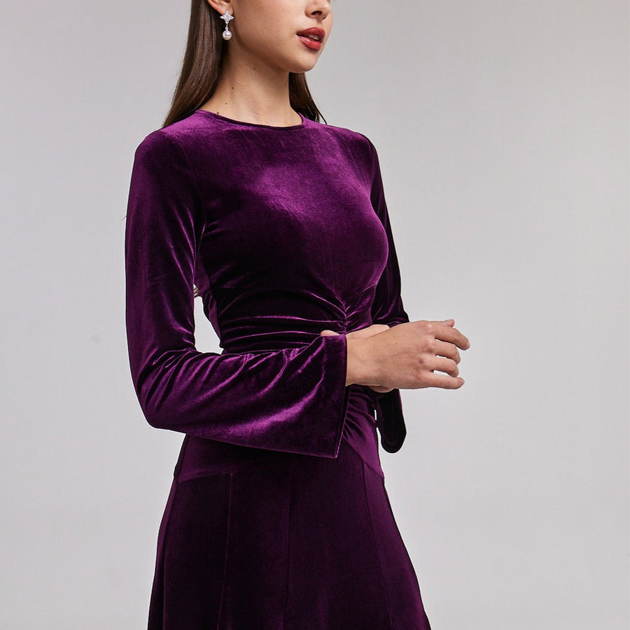 Dark Purple Velvet Gathered Waist Maxi Dress - shopaleena