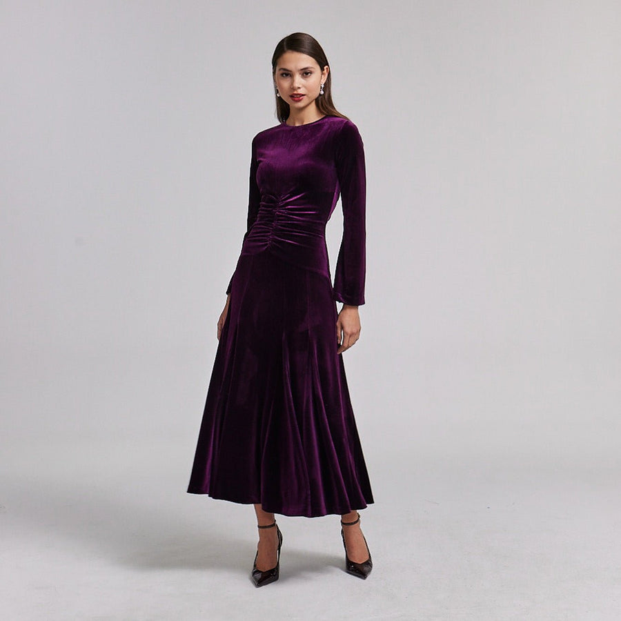 Dark Purple Velvet Gathered Waist Maxi Dress - shopaleena