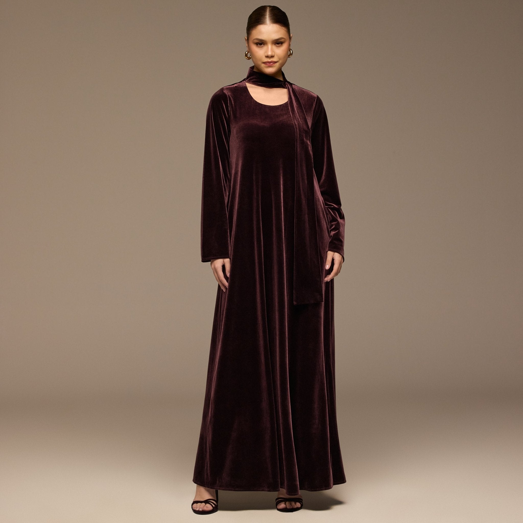 Dark Purple Velvet Long - Sleeve Maxi Dress - shopaleena