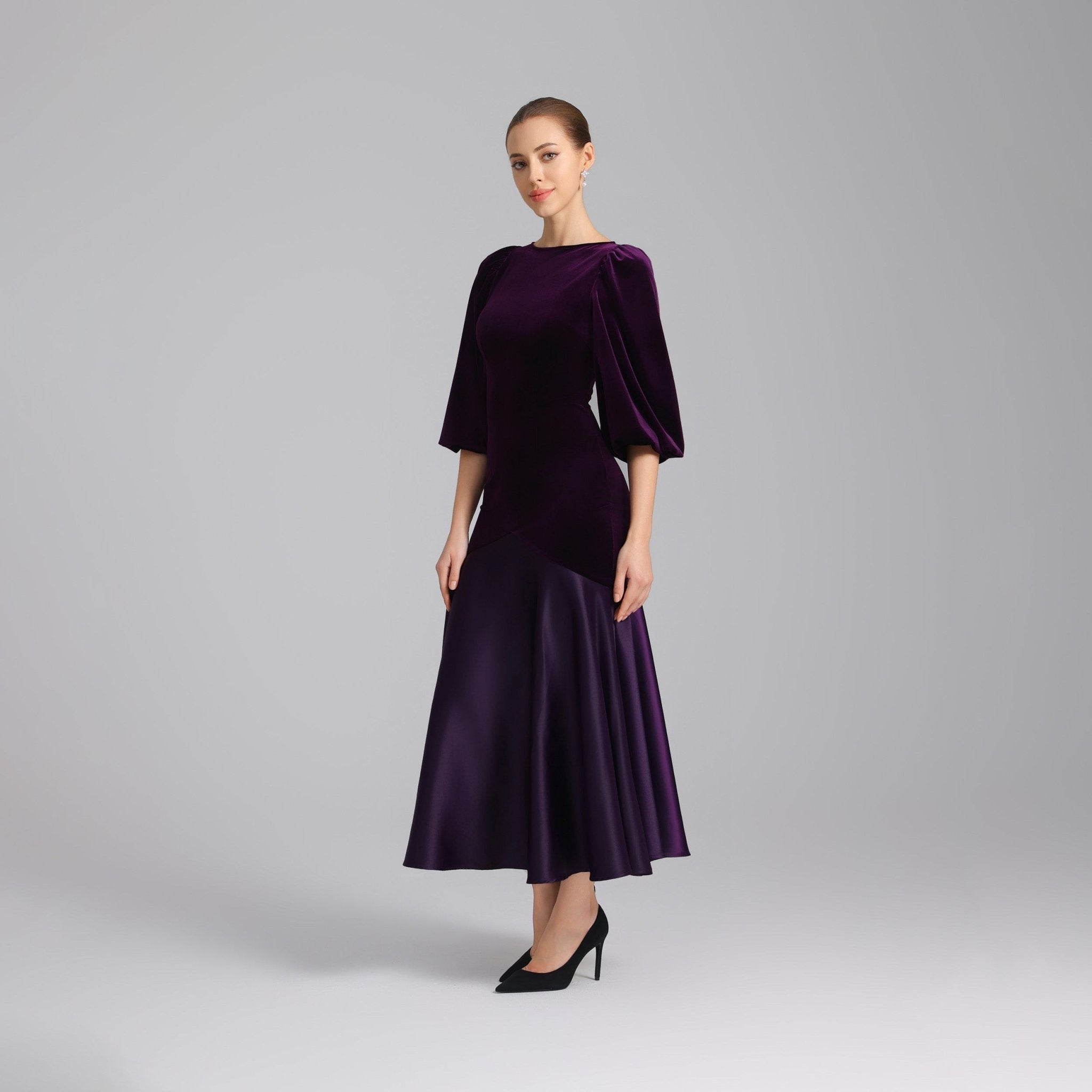 Dark Purple Velvet - Satin Balloon Sleeve Midi Dress - shopaleena