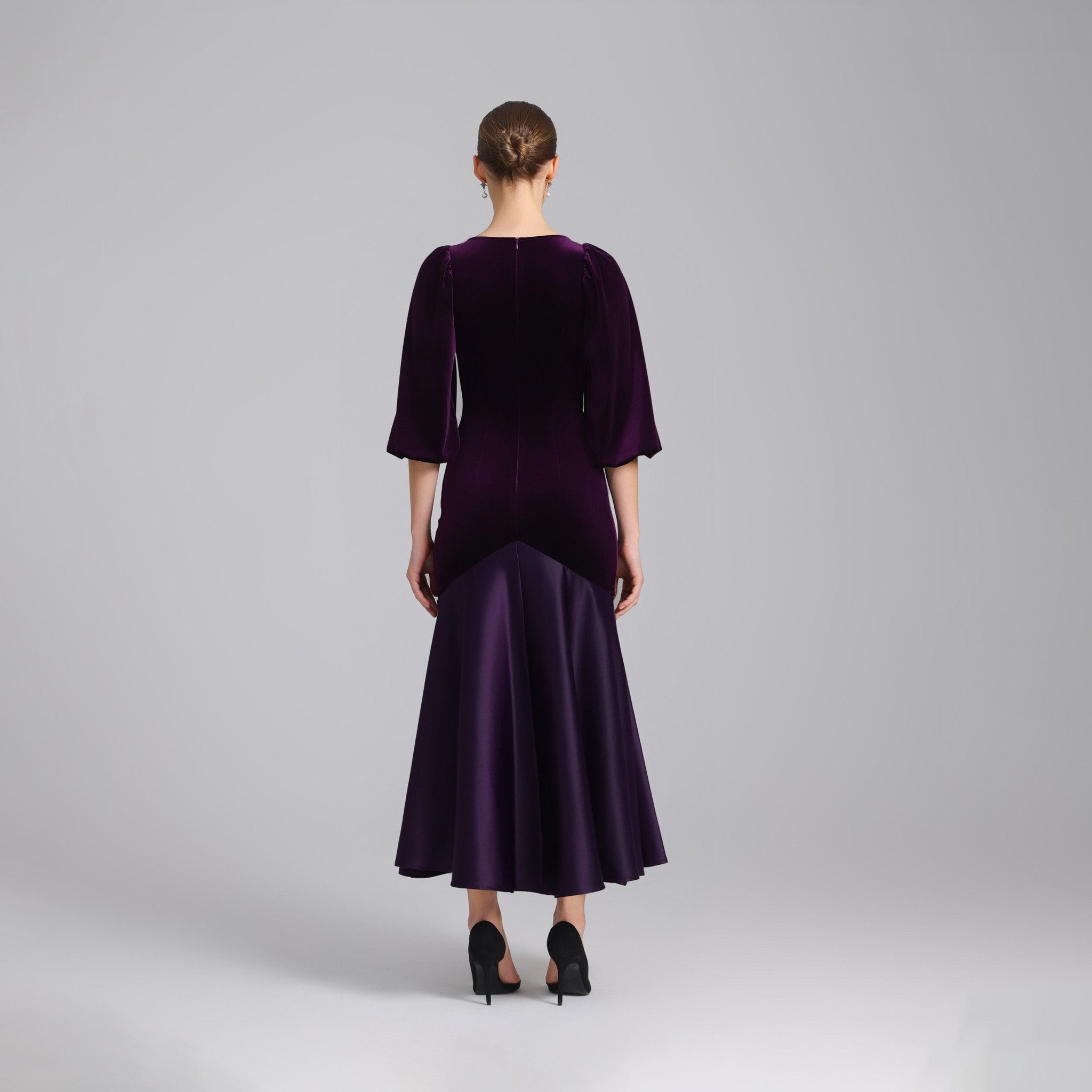 Dark Purple Velvet - Satin Balloon Sleeve Midi Dress - shopaleena