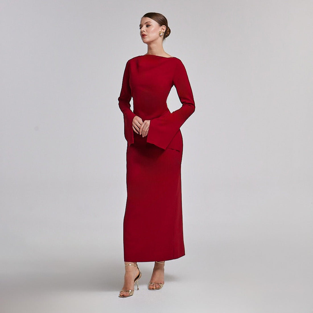 Dark Red Flared Long Sleeve Maxi Dress - shopaleena