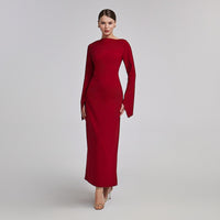 Dark Red Flared Long Sleeve Maxi Dress - shopaleena