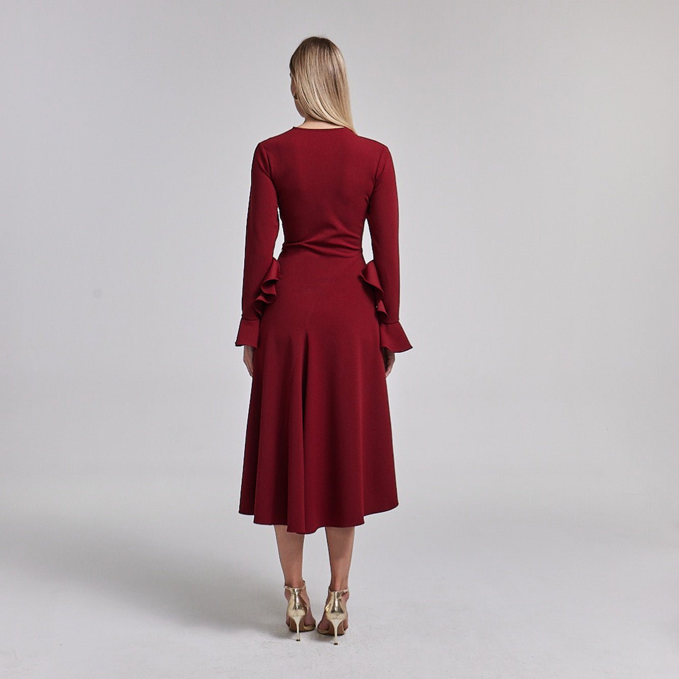 Dark Red Gathered Chest Crepe Midi Dress - shopaleena